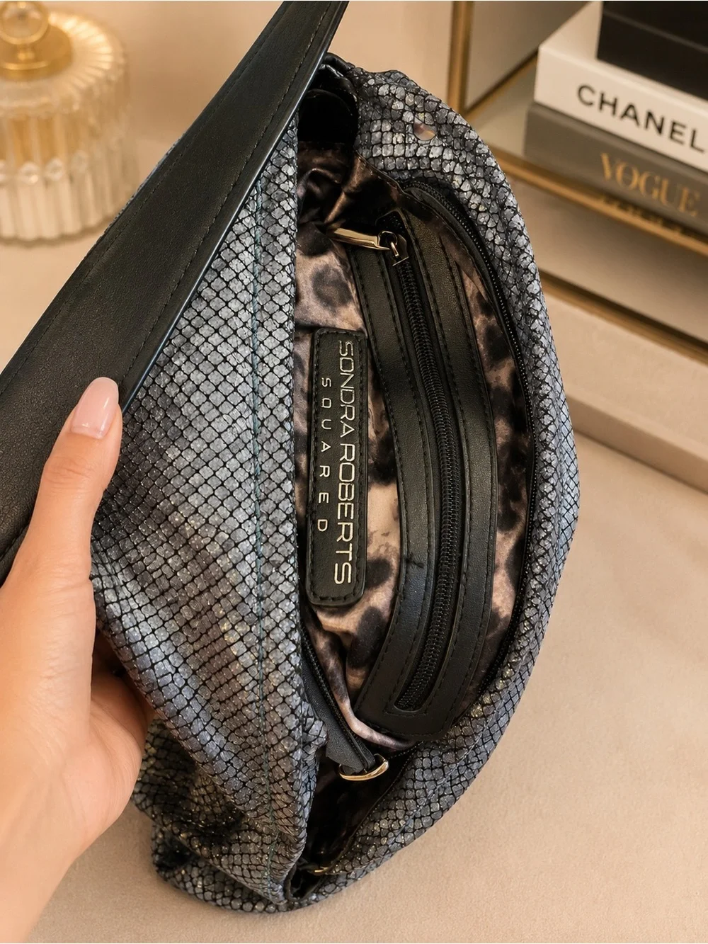 Sondra Roberts Squared Metallic Snake Print Hobo Bag Tassel Pewter